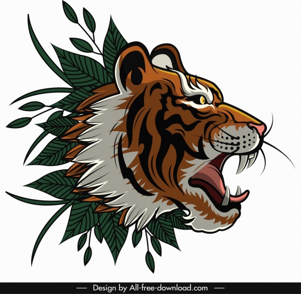 tiger head icon classical design leaves decor 