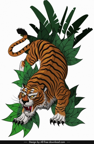 tiger icon hunting gesture sketch colored cartoon design 