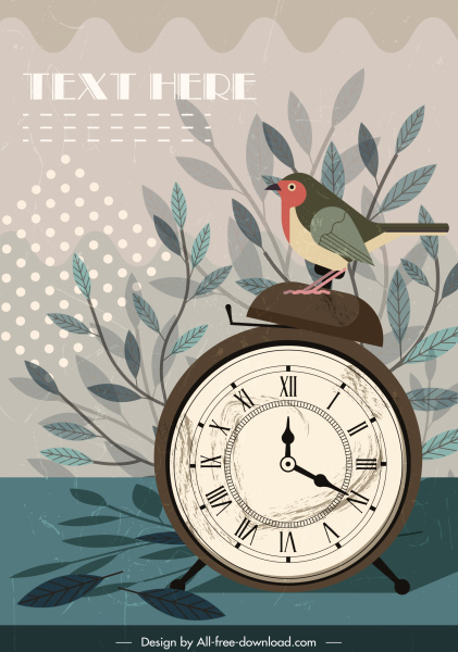 time background vintage design clock bird decor