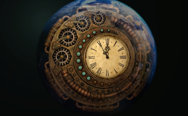 antique clock with bronze decoration on earth background