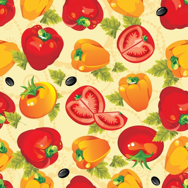 healthy food pattern repeating colorful tomato chili olive sketch