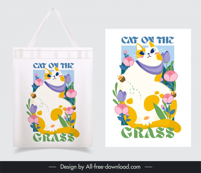 tote bag template cute cat flowers cartoon