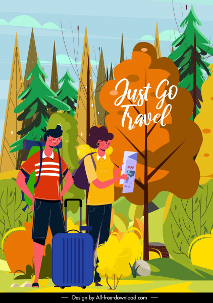 tourism banner backpack tourists forest offroad sketch