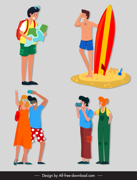 tourists icons funny cartoon characters sketch