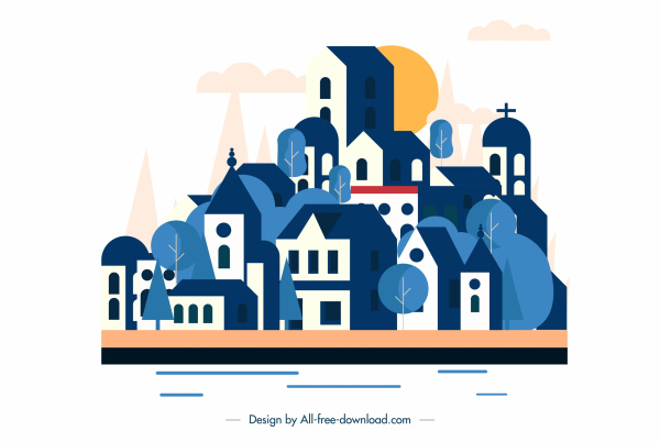 town painting buildings sketch colored classic design