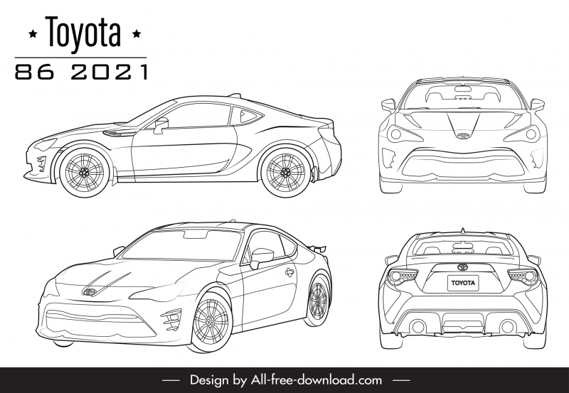 toyota 86 2021 car models advertising template black white handdrawn different views sketch