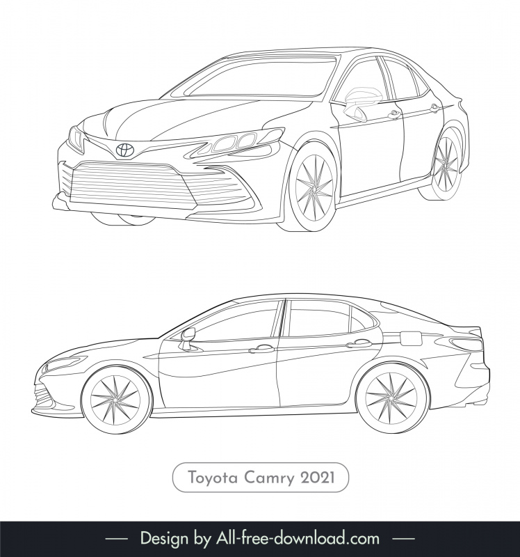 toyota camry 2021 lineart template black white handdrawn different view sketch