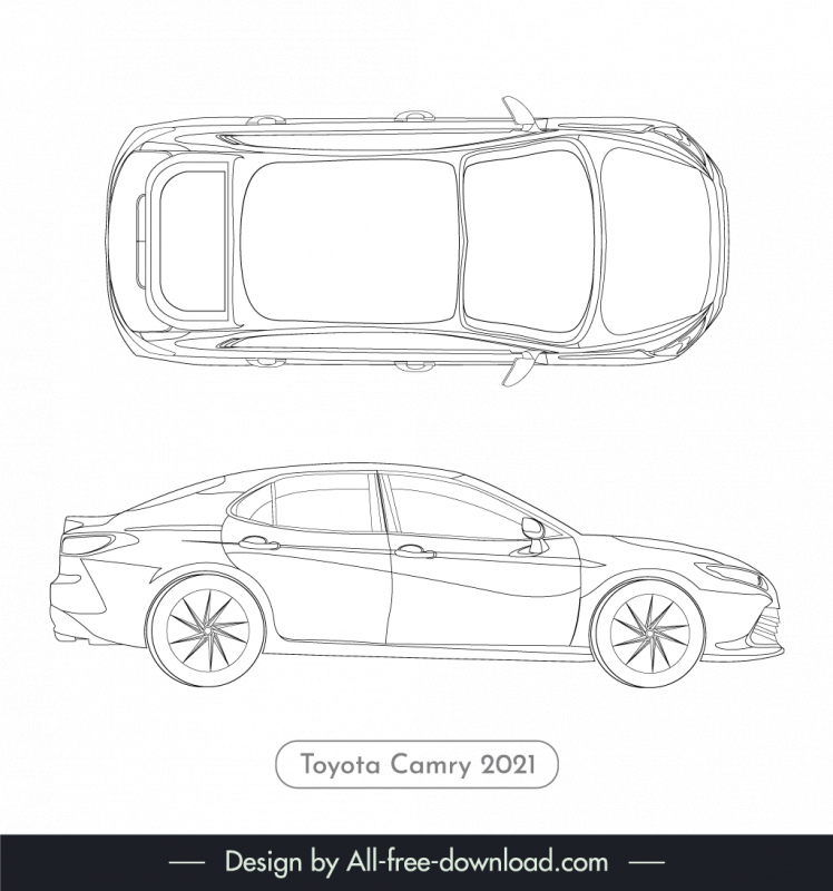 toyota camry 2021 lineart template black white handdrawn flat top view side view outline 