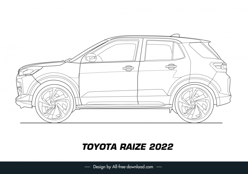toyota raize 2022 car model icon flat black white handdrawn side view outline  
