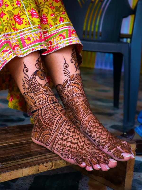 traditional indian mehndi art picture decorated legs closeup