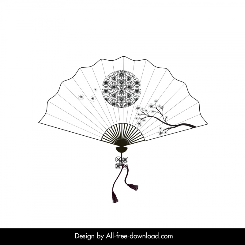 traditional japanese fan icon black white cherry blossom sun outline