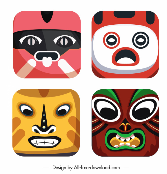 traditional masks icons colorful emotional sketch