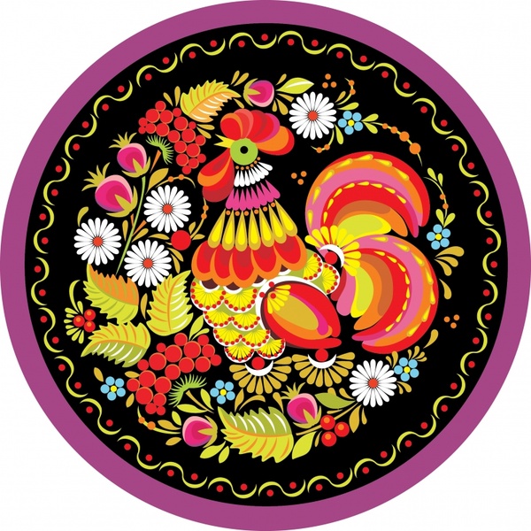 traditional pattern cock flower icon colorful circle layout