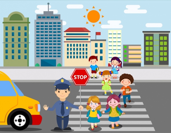 traffic drawing schoolchildren crossing street icons colored cartoon