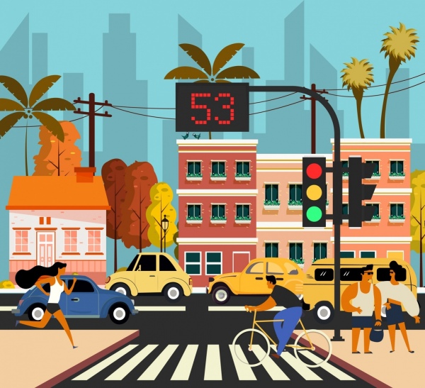 traffic painting cars pedestrian icons cartoon design