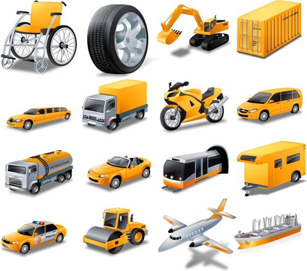 transport icons collection yellow realistic style design 