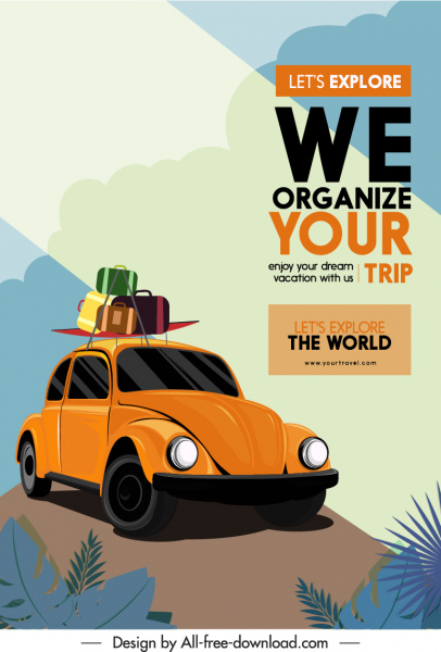 Travel advertising poster car luggage sketch classic design Vectors ...