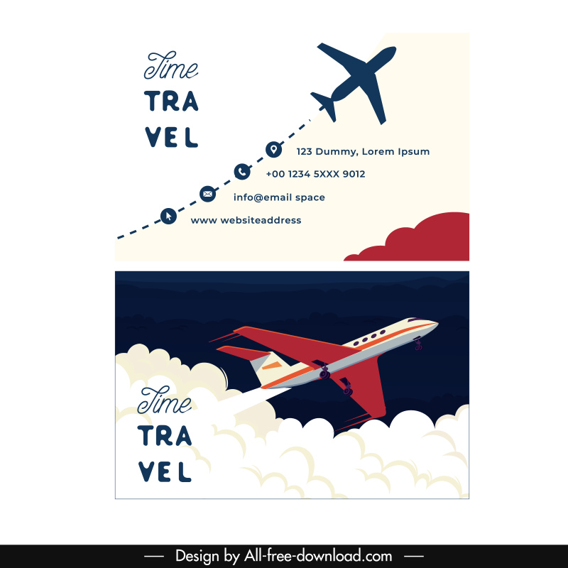 travel agency business card template dynamic airplane clouds