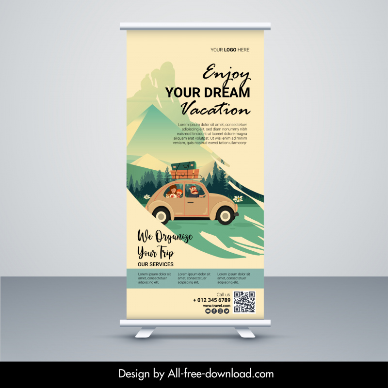 travel agency roll up banner template retro car trip