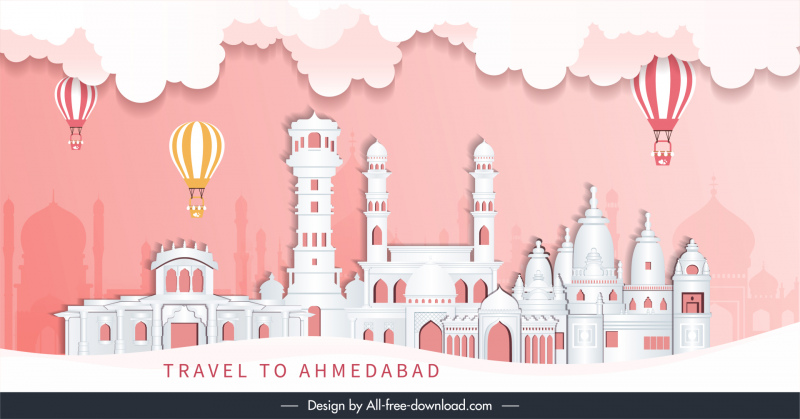 travel ahmedabad advertising poster flat elegant traditional architectures balloon design 