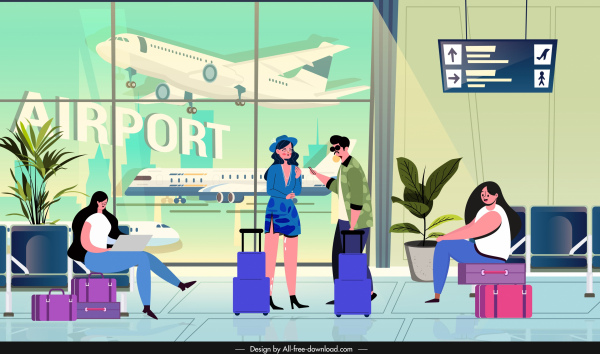 travel background tourists airport hall sketch cartoon design