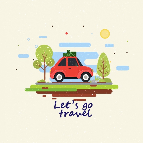 travel banner car luggage icons flat multicolored drawing