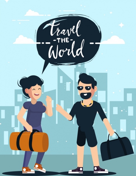 travel banner couple luggage icons cartoon characters