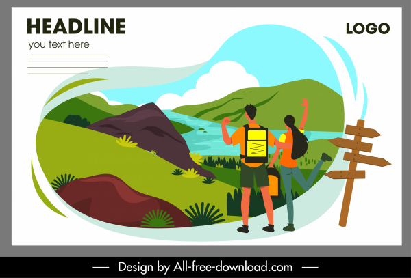 travel banner nature scenery tourists sketch colorful design