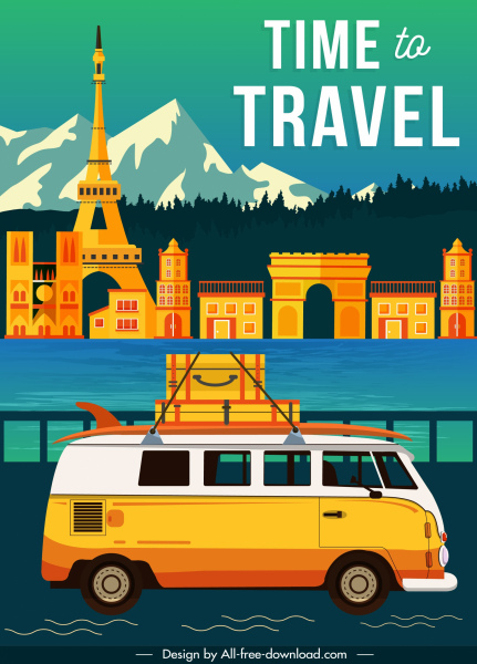 travel banner scenery elements vacation bus sketch