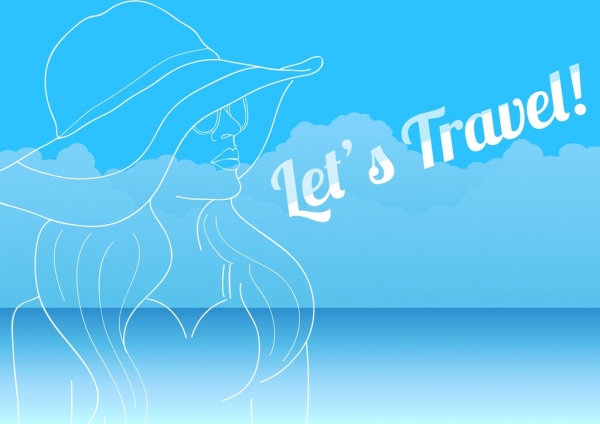 travel banner woman icon handdrawn sketch blue design