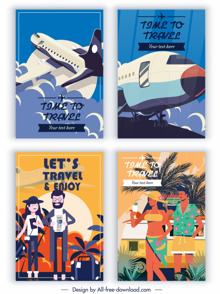 travel banners airplane tourists sketch colorful classic design