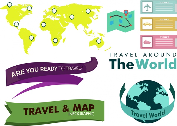 travel concept design elements in various colored styles