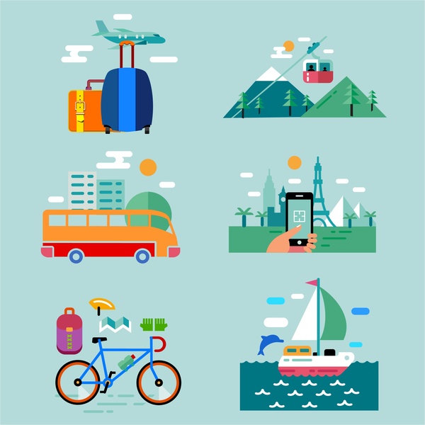 travel concept icons design with various styles