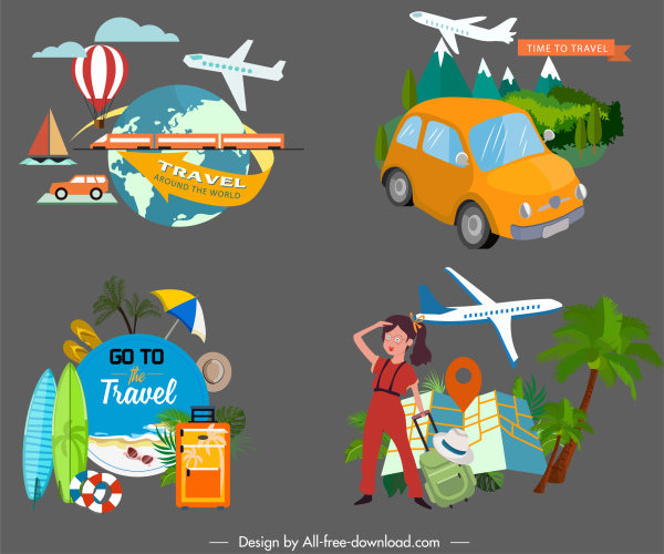 travel design elements vehicles tourists utensils sketch 