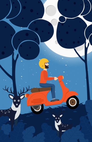 travel drawing man riding scooter moonlight reindeer icons