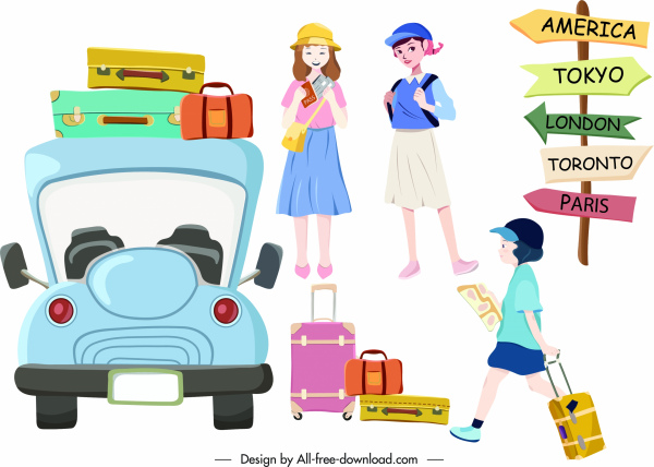 travel icons car tourist signboard luggage sketch