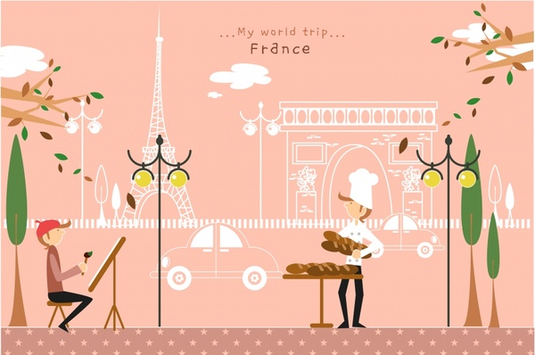 france travel advertisement classical colorful cartoon sketch
