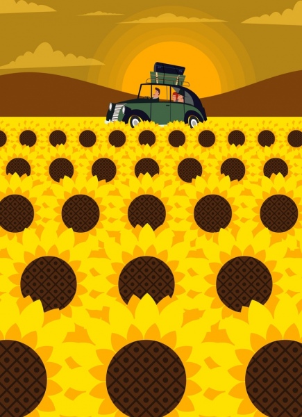 travel painting sunflower field car sun icons decoration