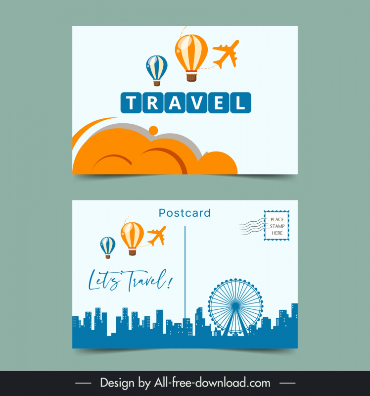 travel postcard templates elegant silhouette balloon airplane city scene 