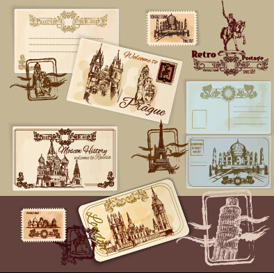 travel postcard vintage styles vector set