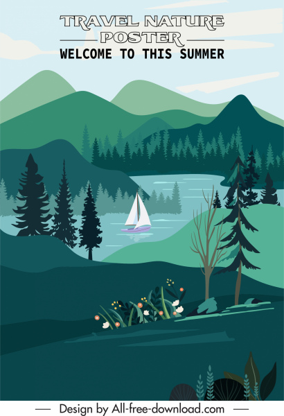 travel poster template natural lake scenery sketch
