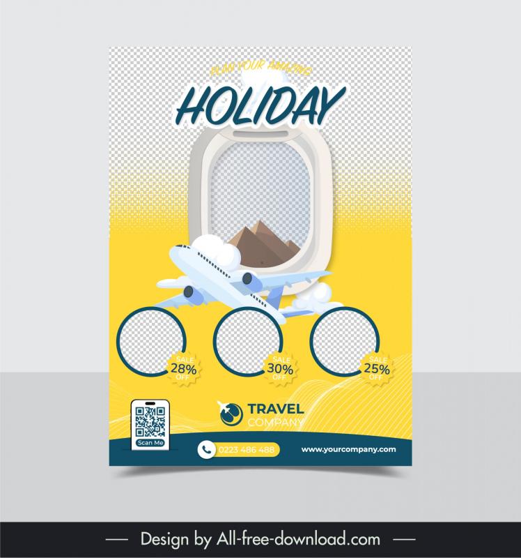 travel sale flyer template checkered circles airplane door mountain decor 
