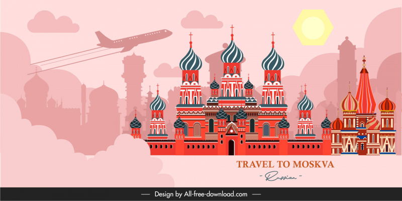travel to moskva russian banner dynamic airplane famous architecture sketch 