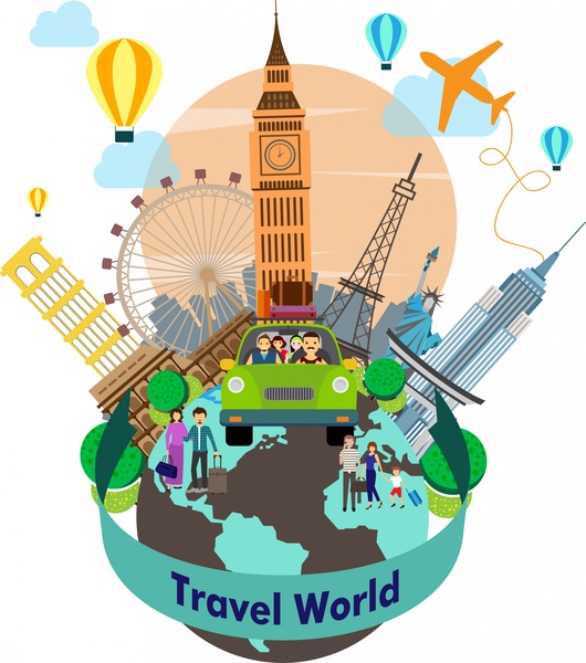 travel world background with famous symbols around planet 