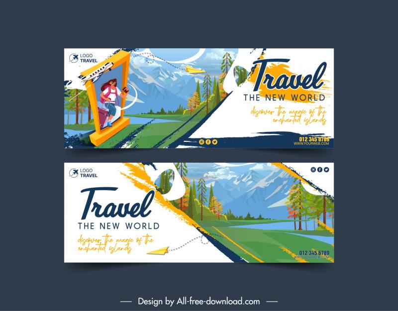 traveling banner template mountain forest scene decor 