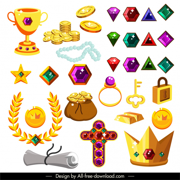 treasures design elements colorful 3d symbols sketch