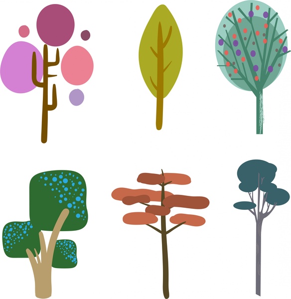 tree icons collection colored hand drawn style