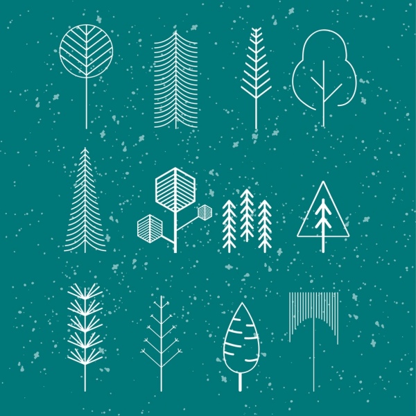 tree icons isolation various shapes sketch lines decoration