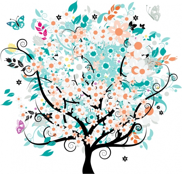 spring painting blooming tree butterflies icons colorful decor