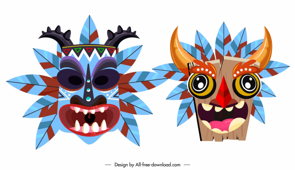 tribal mask icons colorful frightened faces sketch